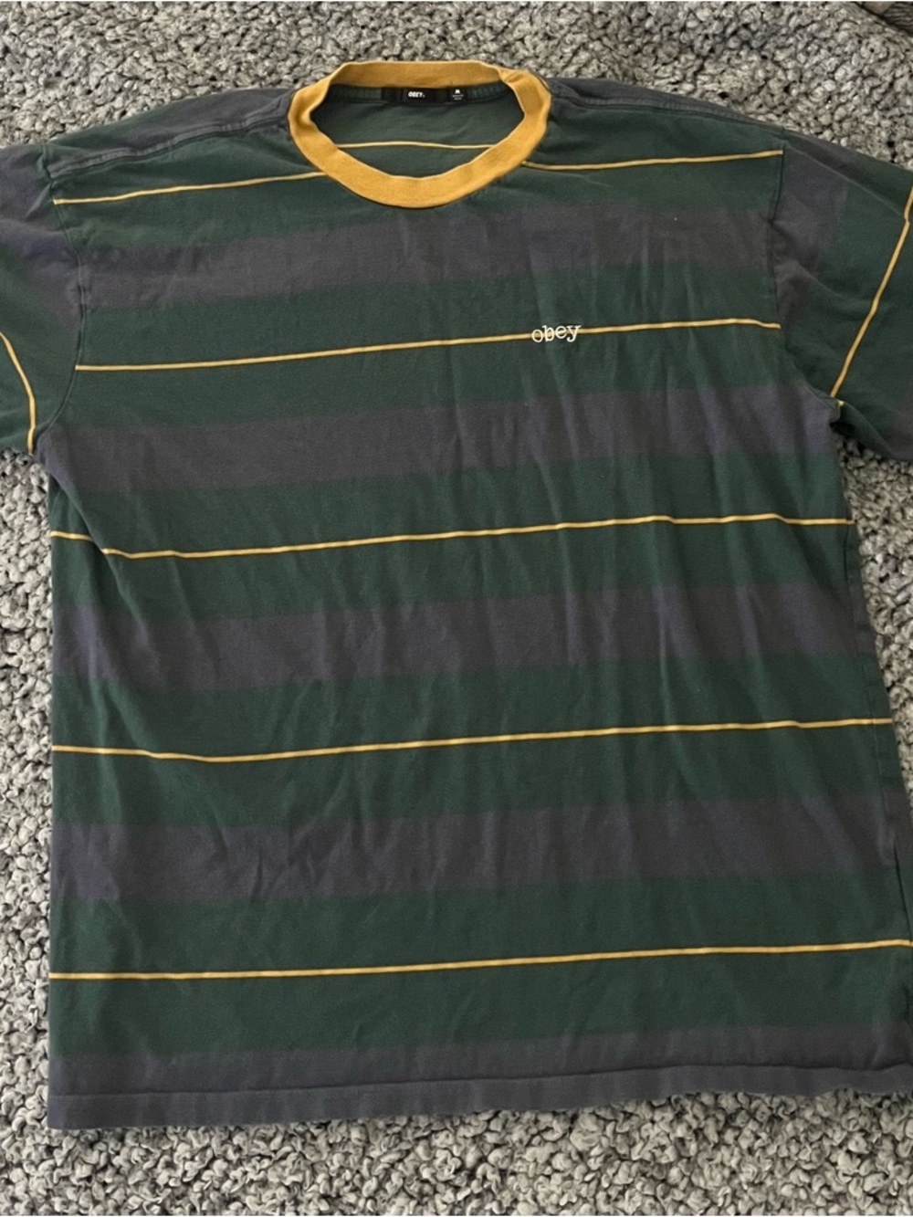 Obey Men’s Green & Gray Striped Tee with Mustard Trim